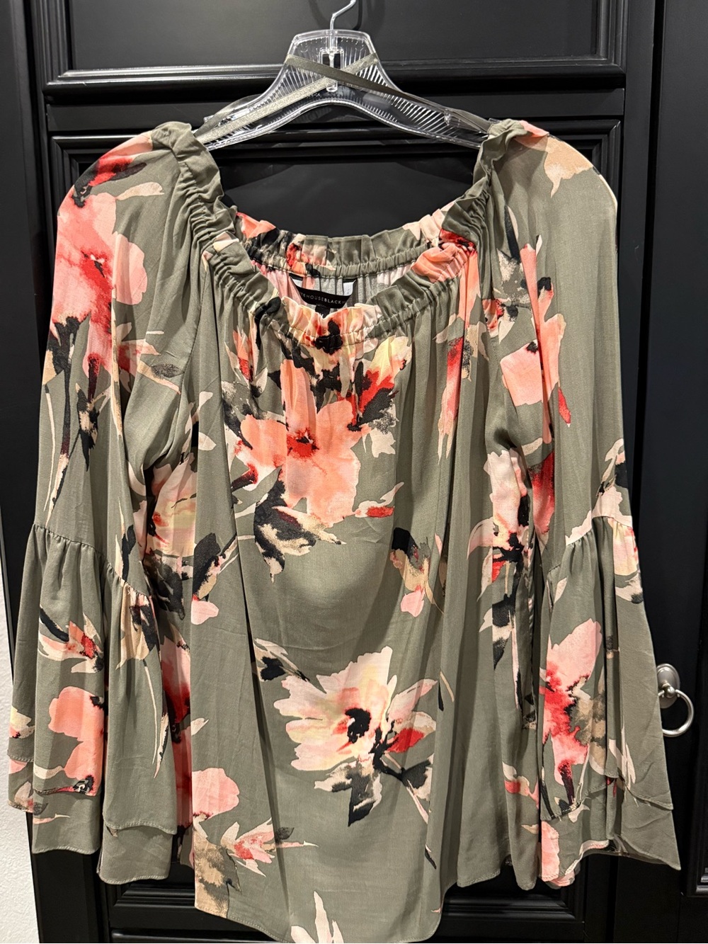 White House Black Market Olive Floral Peasant Blouse with Coral Accents